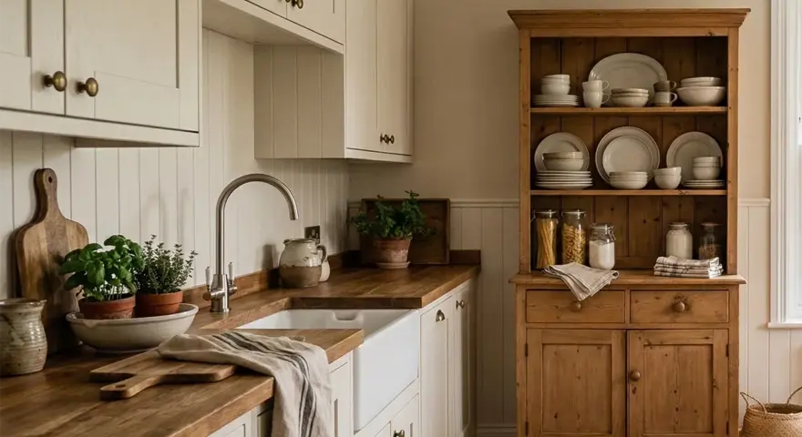 Przytulna kuchnia modern farmhouse z drewnianymi blatami, białymi szafkami i rustykalną komodą pełną naczyń.