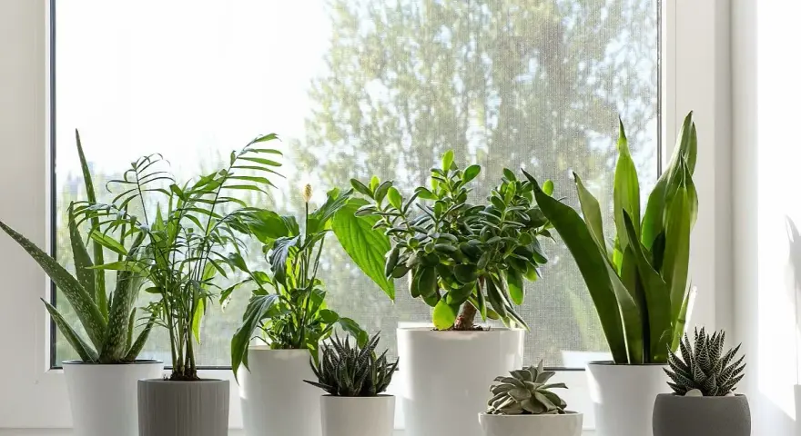 Kwiaty w domu inspiracje: zielona oaza na parapecie. Aloes, paproć, grubosz i sansewieria tworzą naturalną dekorację.