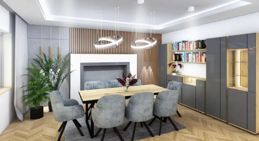 Nowoczesny salon z jadalnią, gdzie drewniane lamele tworzą ciekawy pomysł na ścianę w salonie.