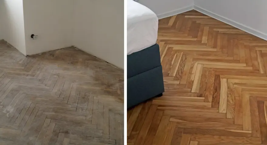 Drewniana podłoga w jodełkę przed i po cyklinowaniu. Widać wyraźną różnicę w odcieniu i połysku parkietu.