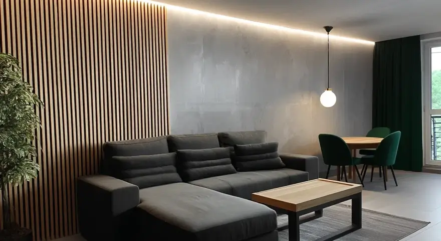 Nowoczesny salon w stylu loft. Aranżacje z szarą sofą, drewnianą ścianką i zielonymi akcentami.