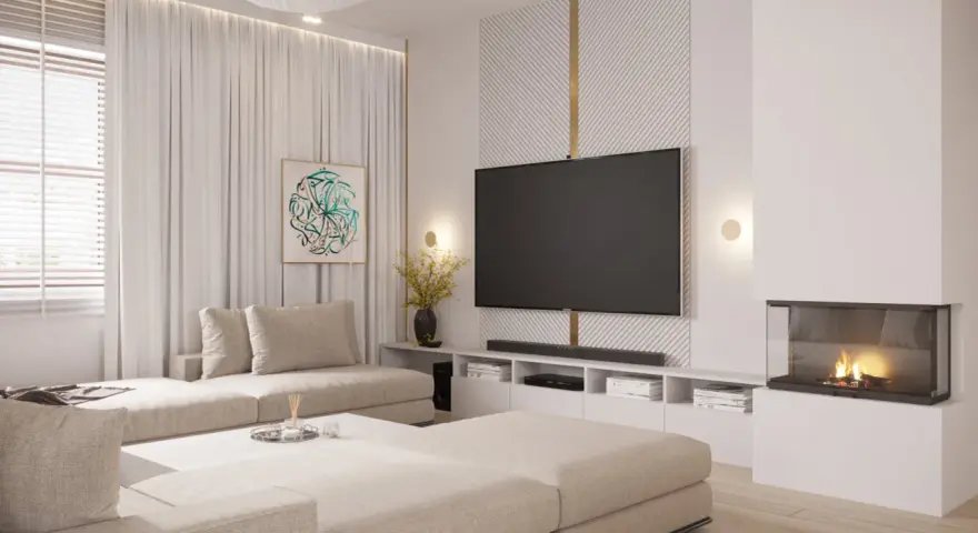 Nowoczesna ściana z telewizorem, kominkiem i wygodną kanapą. Idealne miejsce na relaks i oglądanie filmów.