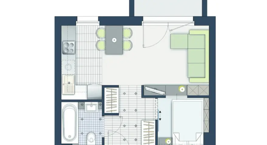 Przemyślana mieszkanie 30m2 aranżacja: aneks kuchenny, salon z kanapą, sypialnia, łazienka i balkon.