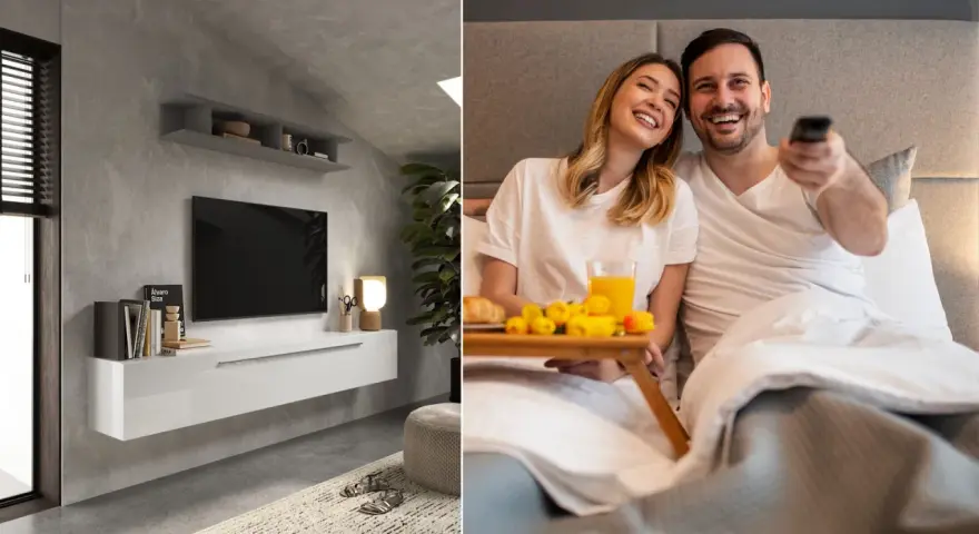 Nowoczesna ściana TV w sypialni z minimalistyczną szafką i parą cieszącą się porankiem w łóżku z tacą śniadaniową.
