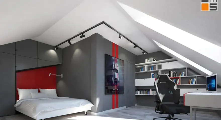 Nowoczesne mieszkanie ze skosami. Białe łóżko, szara ściana z plakatem auta, regały z książkami i gamingowy fotel.
