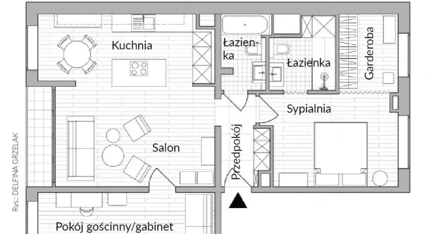 Układ mieszkań w bloku z wielkiej płyty: salon, kuchnia, sypialnia, dwie łazienki, garderoba i pokój gościnny/gabinet.