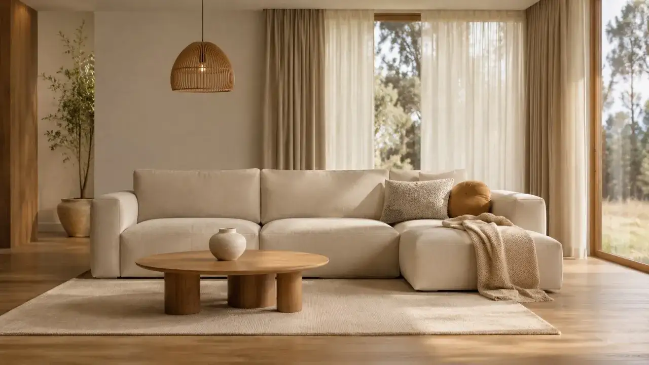 Jasny, przytulny pokój dzienny inspiracje: beżowa sofa, drewniany stolik, pleciona lampa i duży dywan tworzą relaksującą atmosferę.