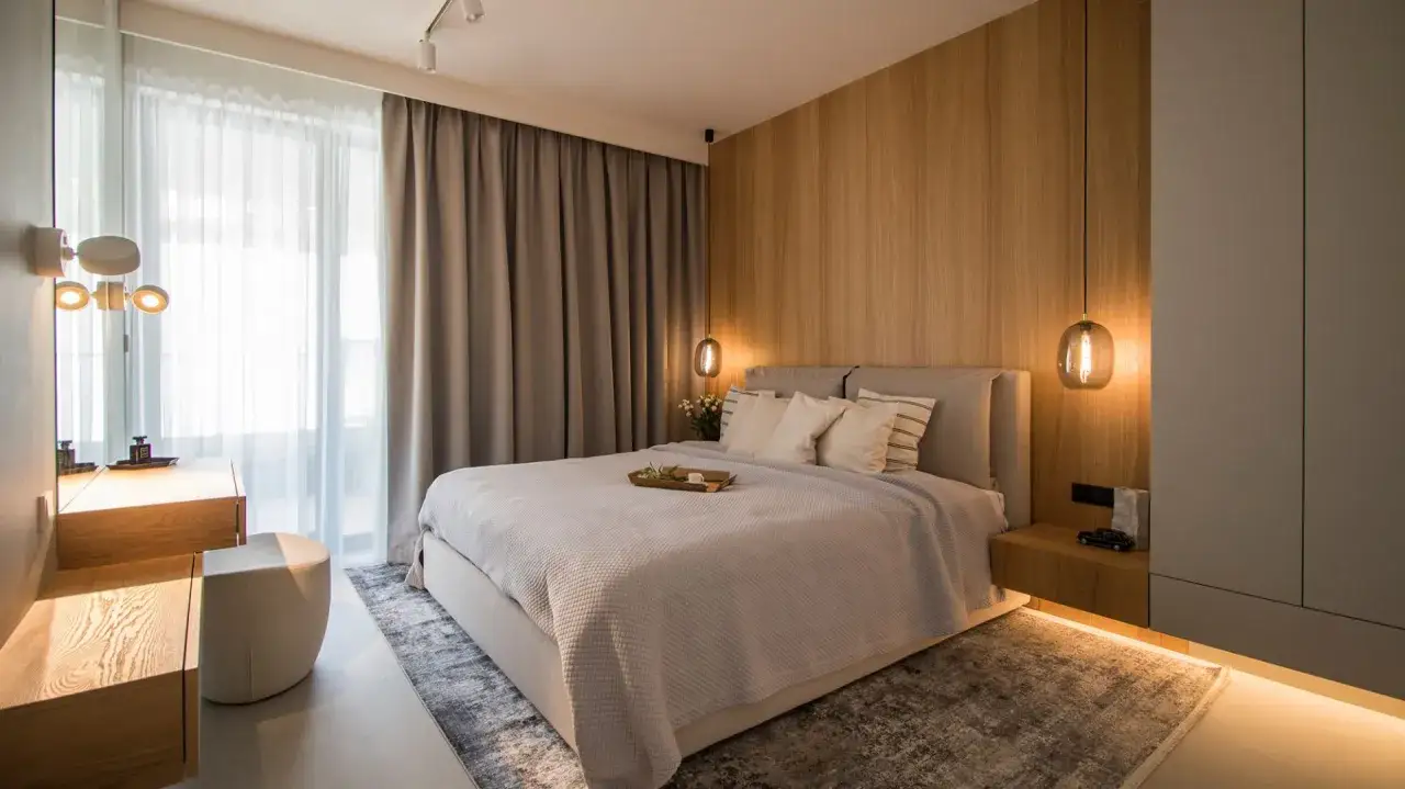 Drewniana ściana za łóżkiem tworzy przytulną atmosferę. Wiszące lampy dodają elegancji.