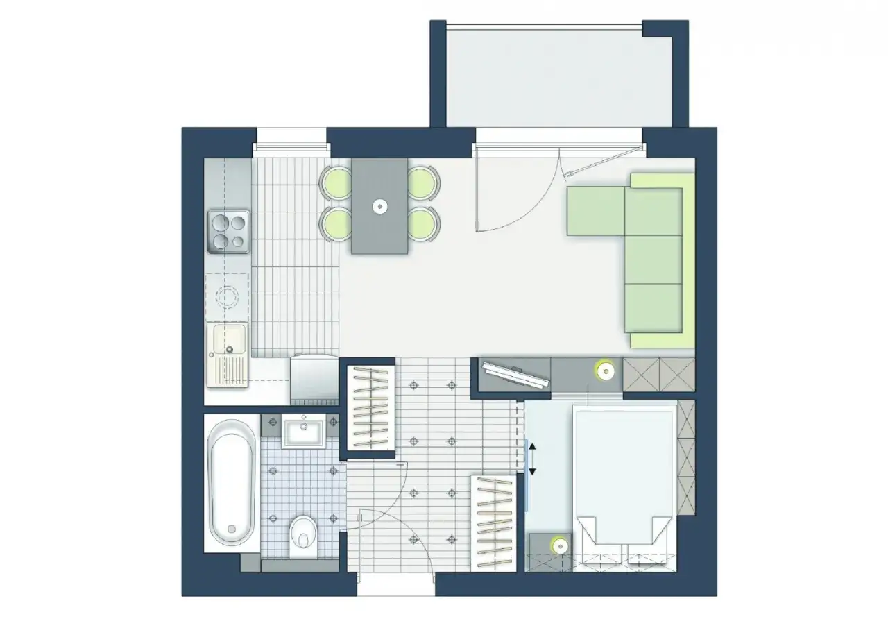 Przemyślana aranżacja mieszkania 30m2: aneks kuchenny, salon z kanapą, sypialnia, łazienka i balkon.