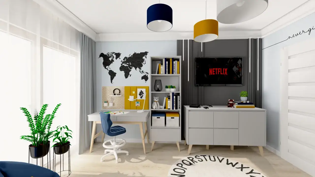 Nowoczesny pokój dla dwójki dzieci w bloku. Biurko, regał, telewizor i mapa świata na ścianie.