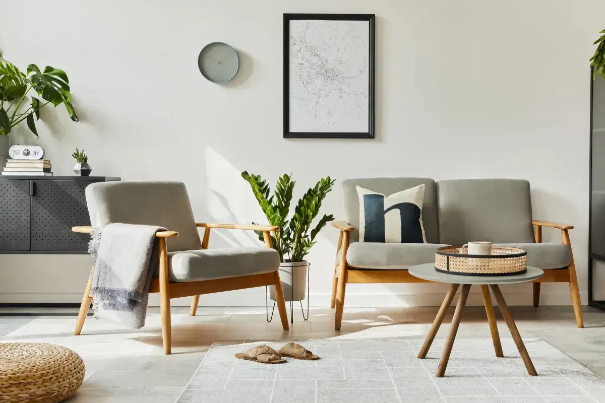 Salon w stylu retro inspiracje: szare fotele, kanapa, stolik kawowy, roślina i zegar na ścianie.