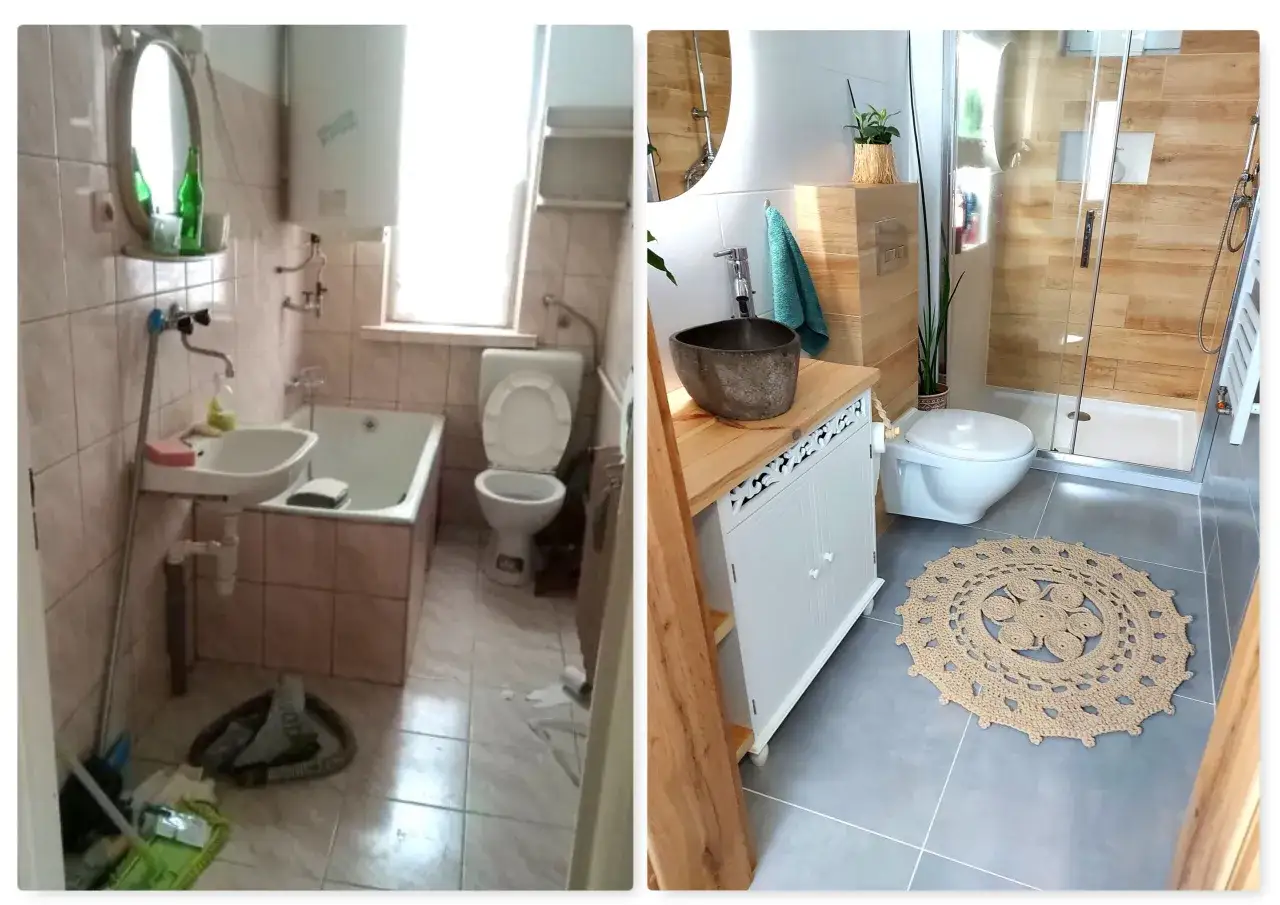 Spektakularna metamorfoza łazienki tanim kosztem: od różowych płytek do nowoczesnego wnętrza z drewnianymi akcentami i stylową armaturą.